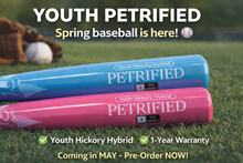 Load image into Gallery viewer, Youth Hickory Wood &amp; Bamboo Baseball Bat. Hybrid - Petrified Model - Rubberized Grip Handle - 1 Year Warranty
